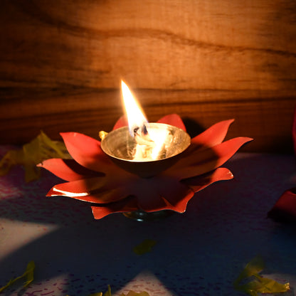 Lotus-shaped brass oil diya for home decor, featuring intricate design and traditional craftsmanship by Wukusy.
