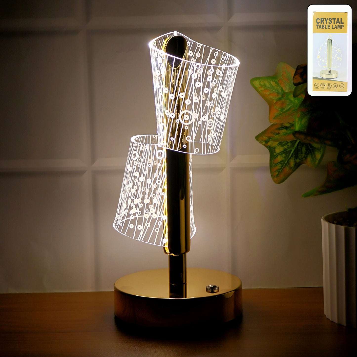 Wukusy luxury crystal LED double shade table lamp for elegant home decor, featuring a sleek design and ambient lighting.