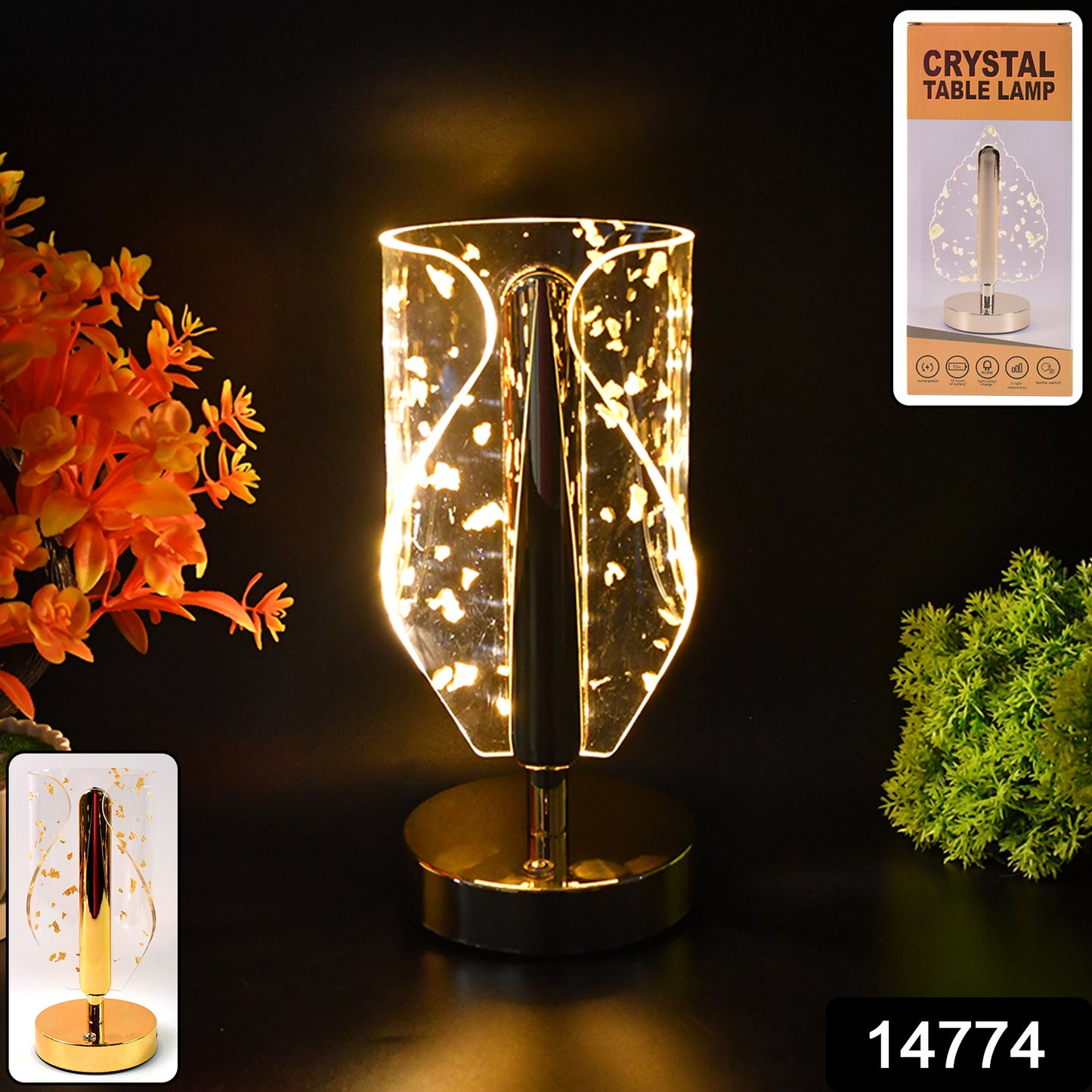 Luxury Golden Leaf Crystal Table Lamp by Wukusy, elegant home decor lamp with intricate leaf design and sparkling crystal details.