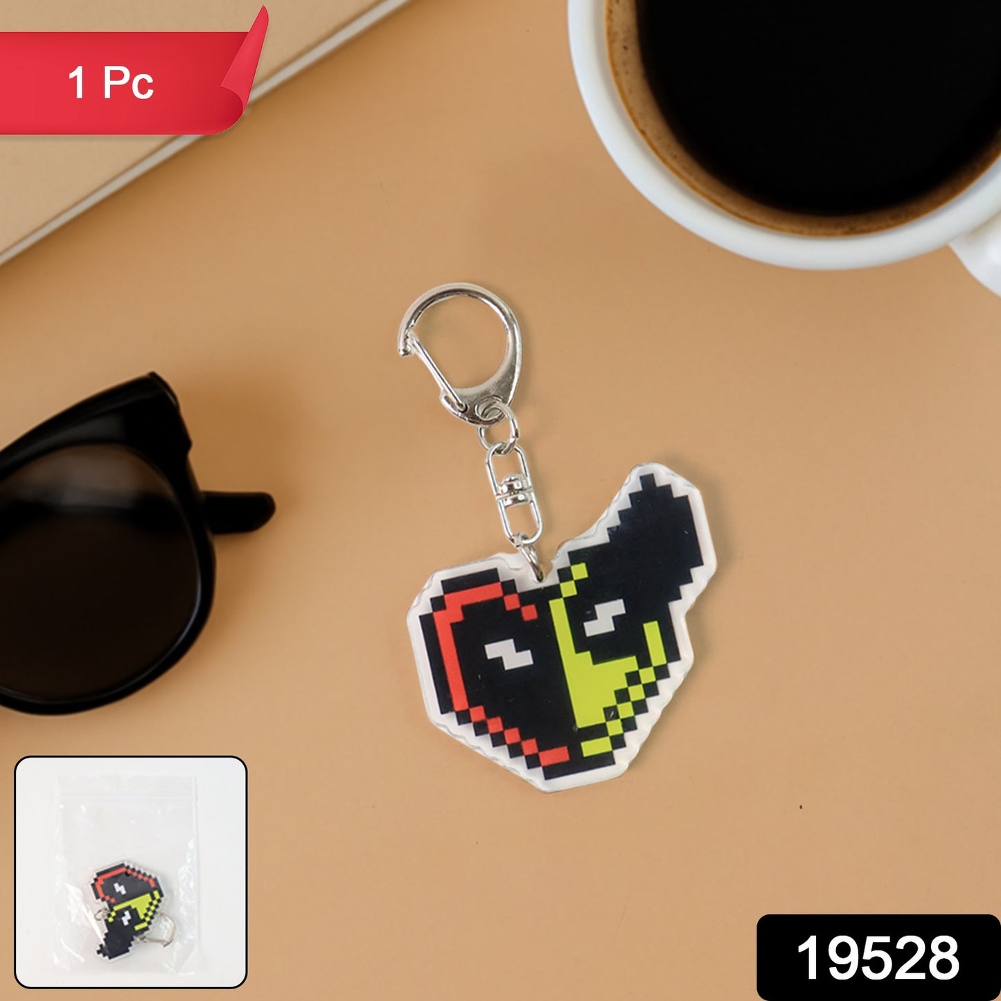 Pixel style acrylic cartoon keychain with funky design, featuring colorful, playful artwork, ideal for home decor or accessories.