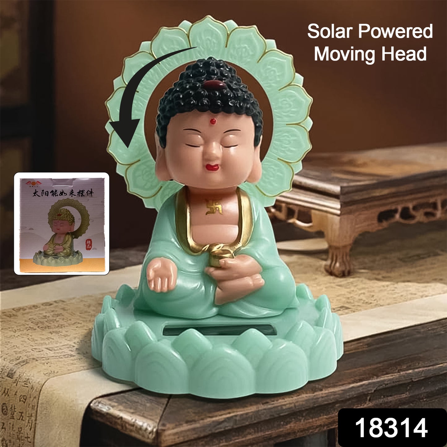 Plastic Solar Powered Moving Head Sitting Action Buddha Statue, Wukusy home decor with animated head for outdoor or indoor display