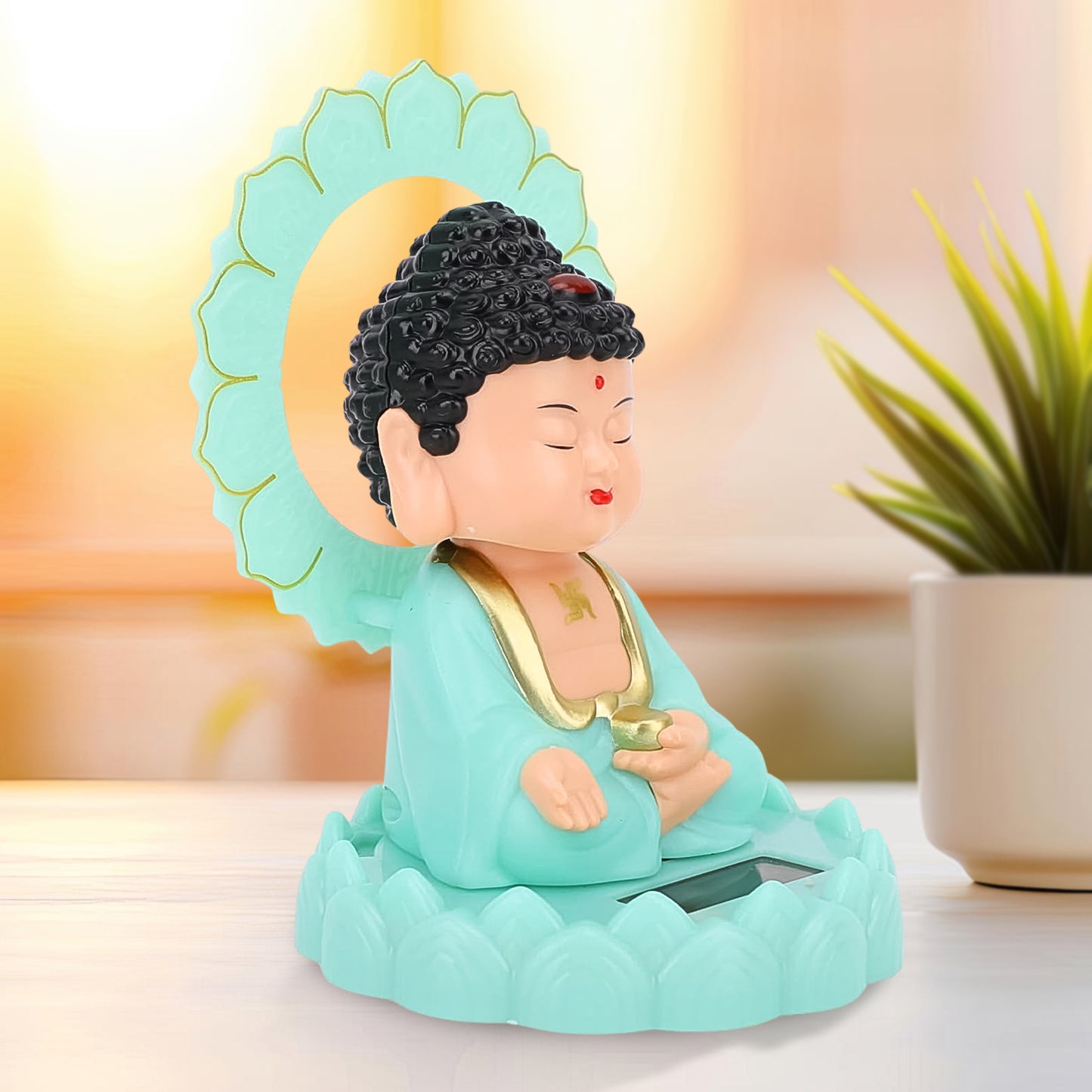 Plastic solar-powered sitting Buddha statue with moving head, ideal for home decor, by Wukusy.