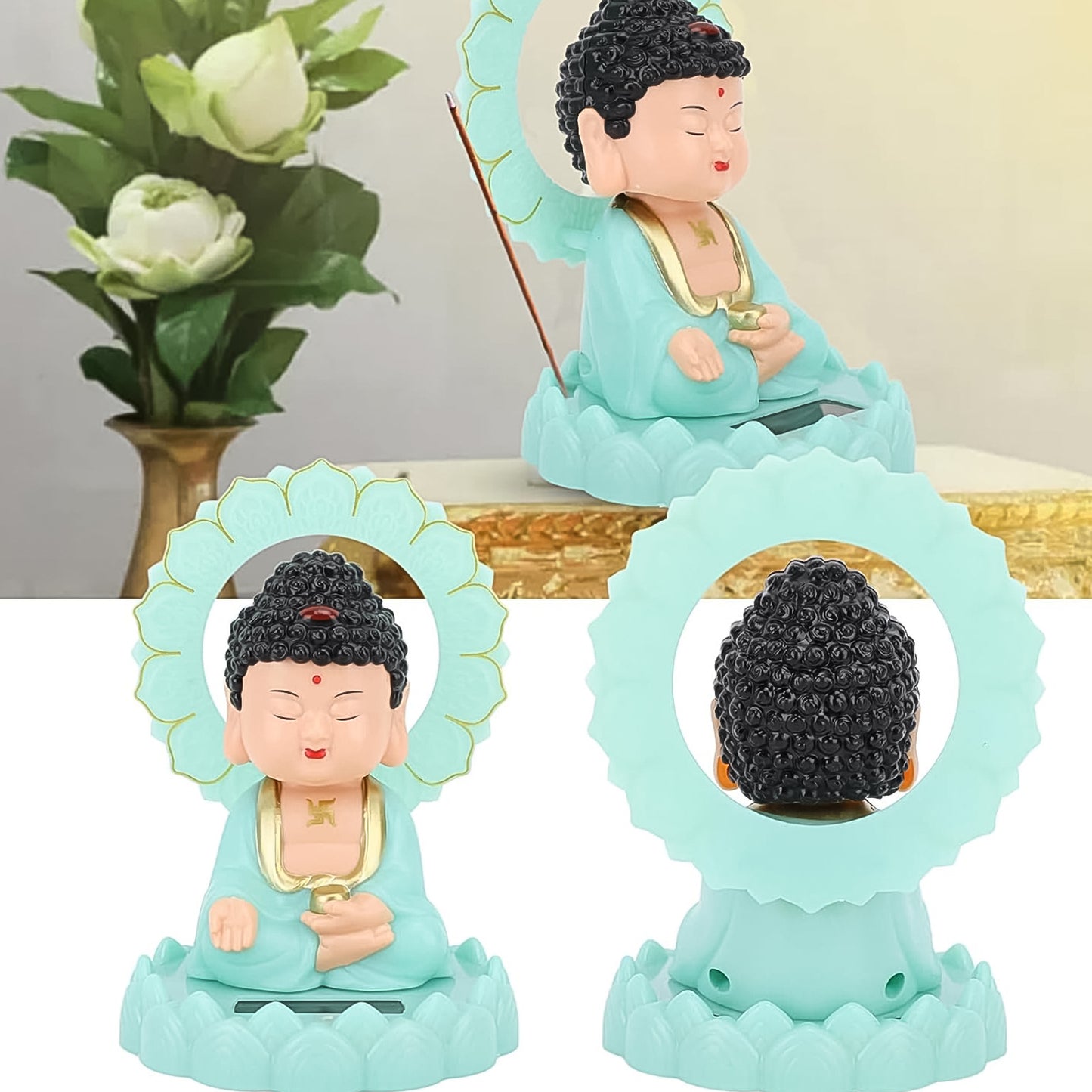 Plastic Solar Powered Moving Head Sitting Action Buddha Statue for home decor by Wukusy, featuring a sitting Buddha with moving head.