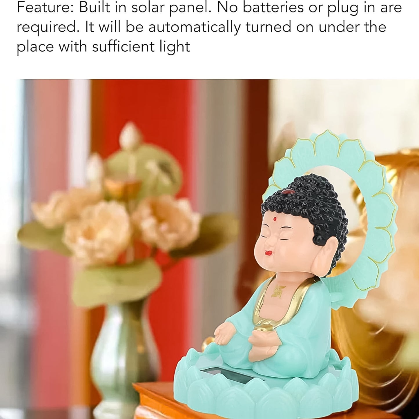 Plastic Solar Powered Moving Head Sitting Action Buddha Statue for home decor by Wukusy, featuring a solar-powered moving head design.