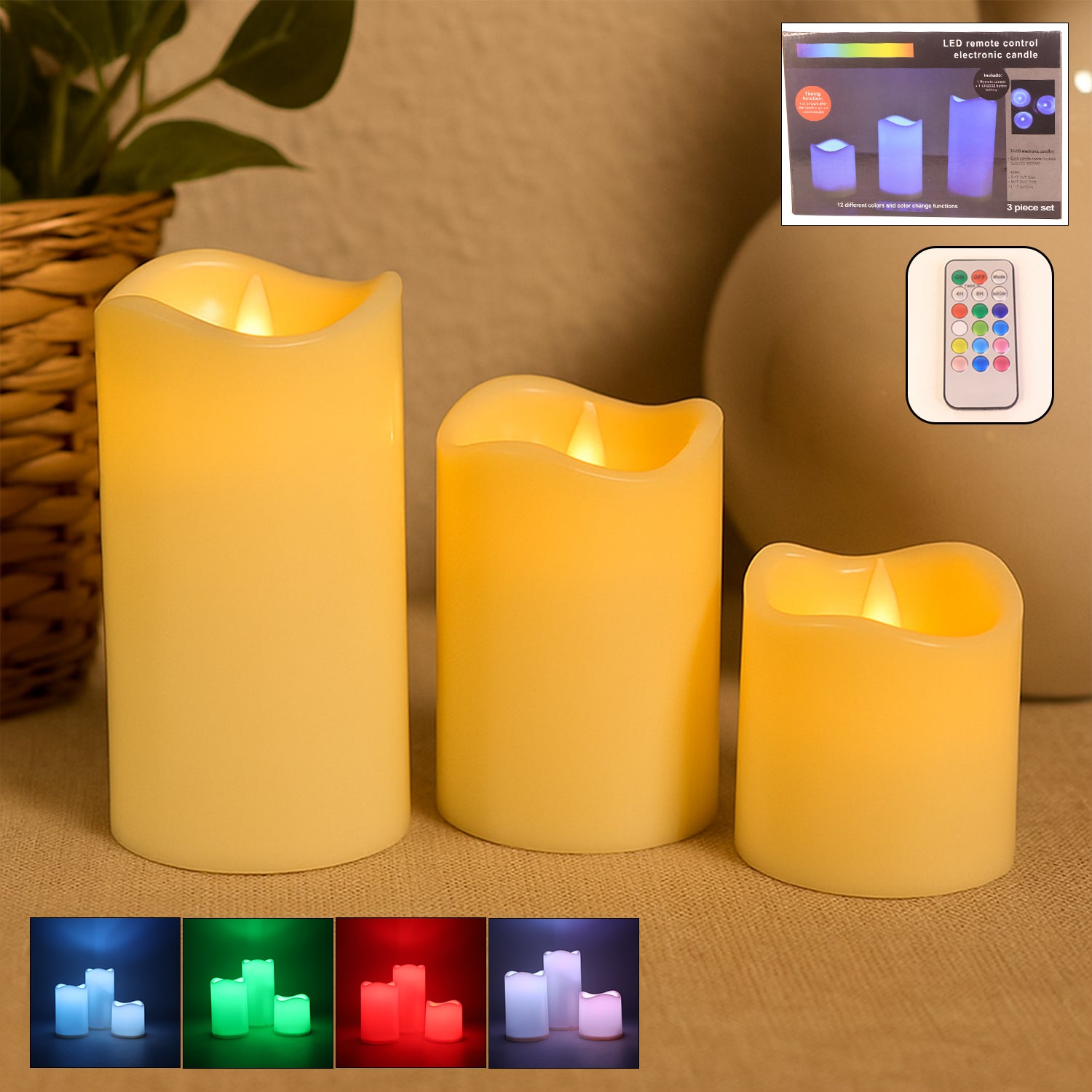 Wukusy premium 3-piece LED flameless candle set with remote control, home decor, realistic candle flames, and warm ambient lighting