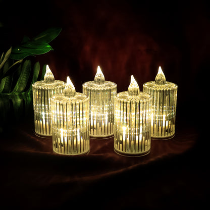 Set of five Wukusy Crystal Effect LED Flameless Candle Lights for home decor, with realistic flickering and elegant crystal design.