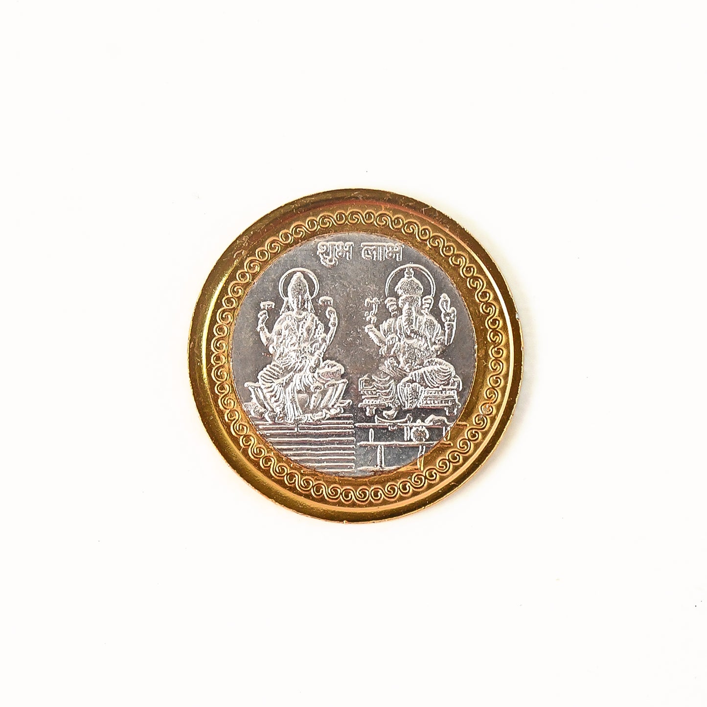 Dual-tone gold and silver religious coin featuring Lakshmi and Ganesh design, ideal for home decor from Wukusy.