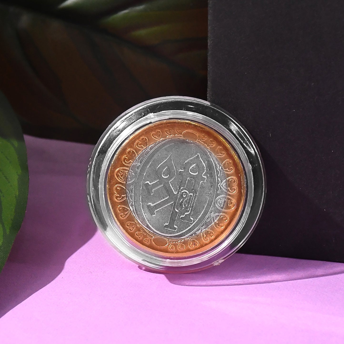 Gold and silver dual-tone religious coin featuring Lakshmi and Ganesh design, decorative home decor by Wukusy.