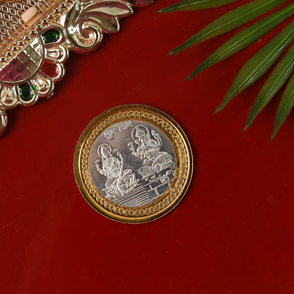 Dual-tone gold and silver religious coin featuring Lakshmi and Ganesh design, decorative home decor by Wukusy