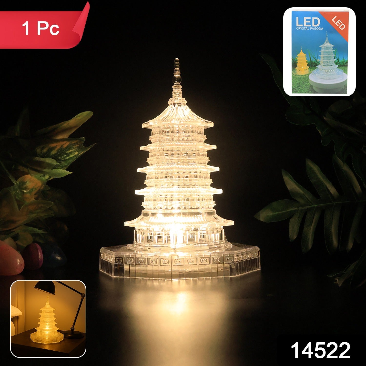 Wukusy Premium LED Crystal Pagoda decorative light for home decor, showcasing a detailed, illuminated crystal pagoda model.