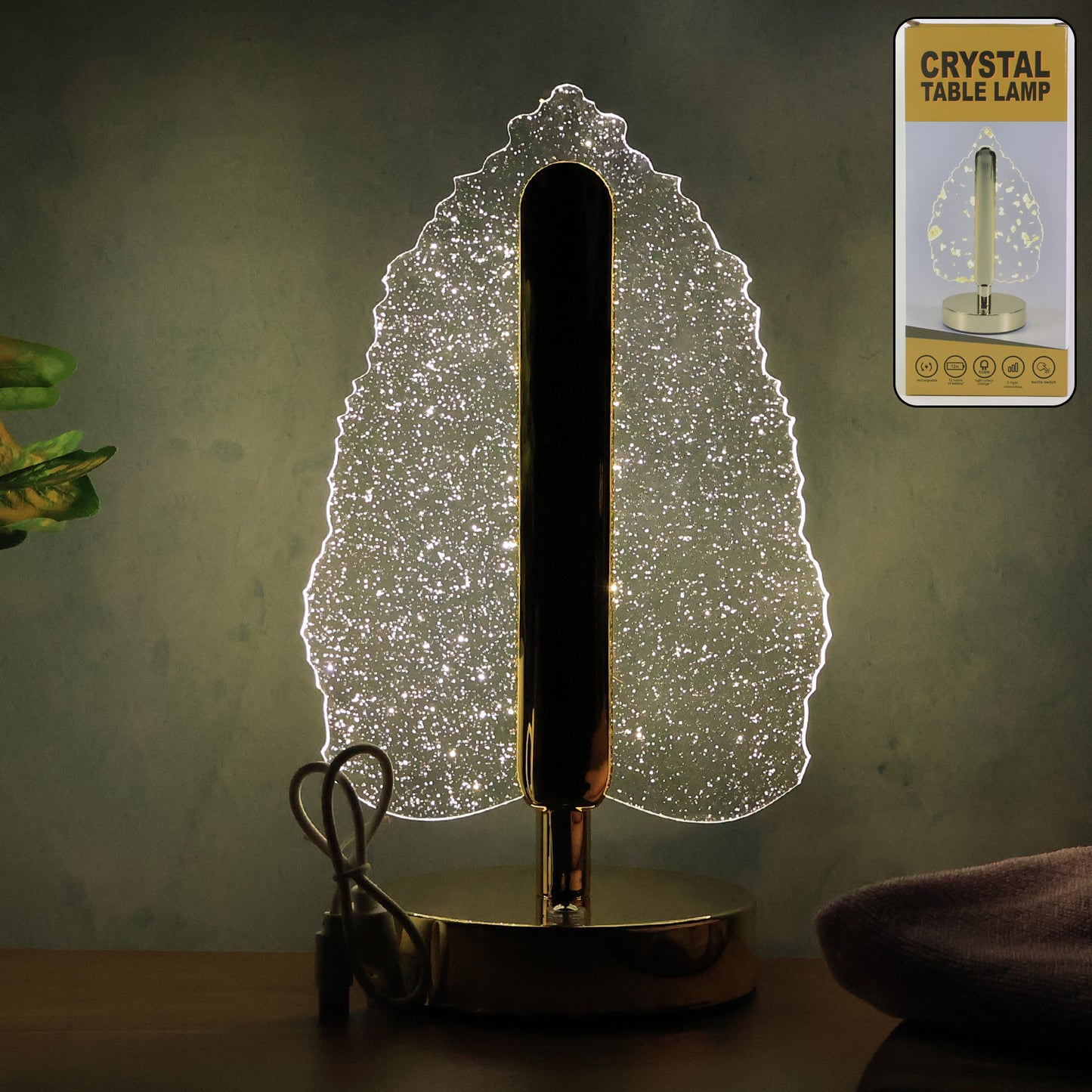 Wukusy premium LED crystal table lamp with USB power, stylish home decor with a sleek design and illuminated crystal accents.