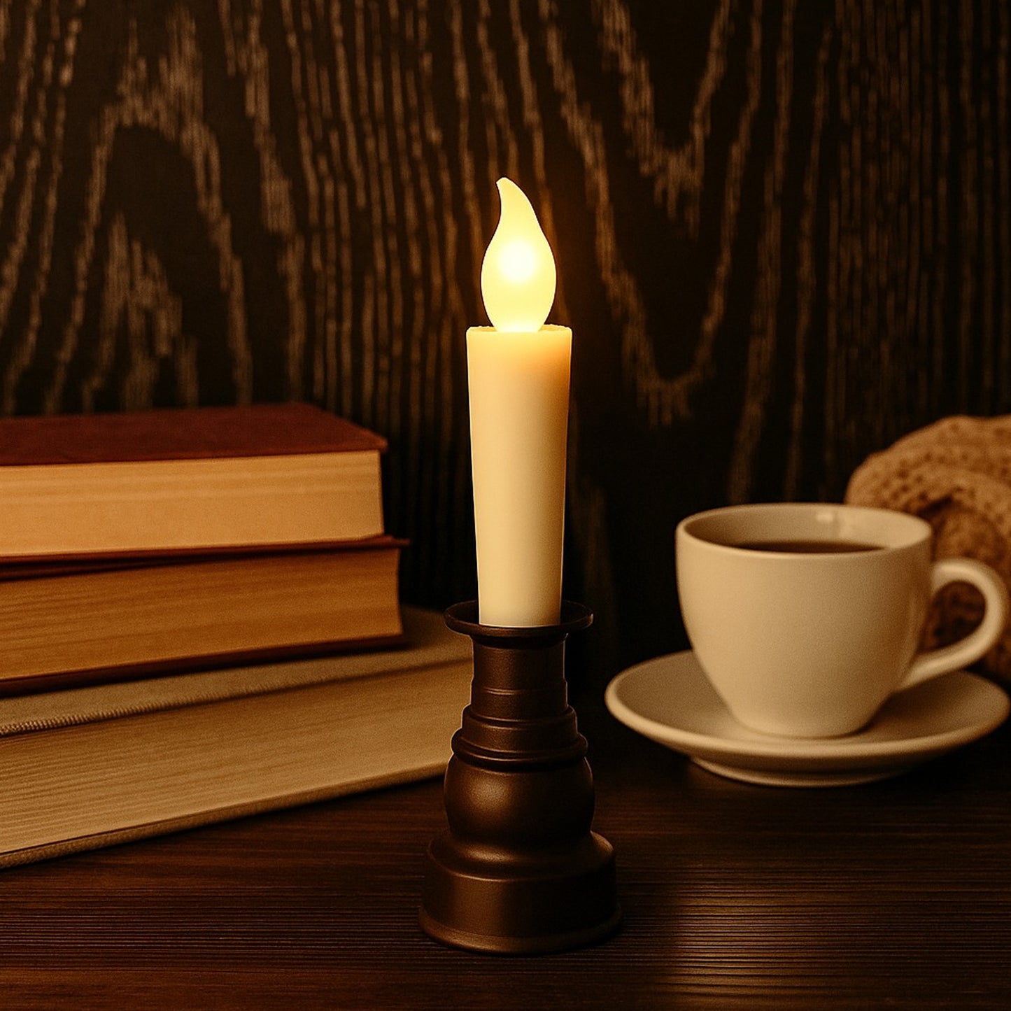 Wukusy premium LED flameless candle with decorative holder, home decor accent, realistic flickering light, soft glow for cozy ambiance