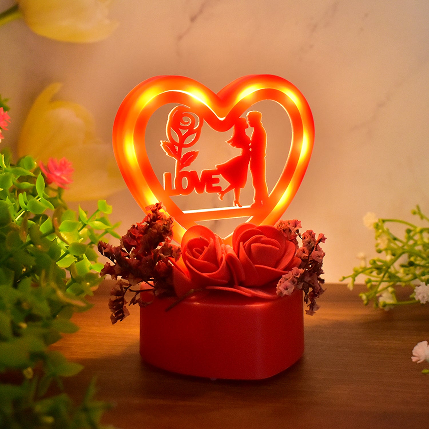 Romantic heart-shaped love couple decorative showpiece with rose base, home decor by Wukusy, elegant and romantic table accent.