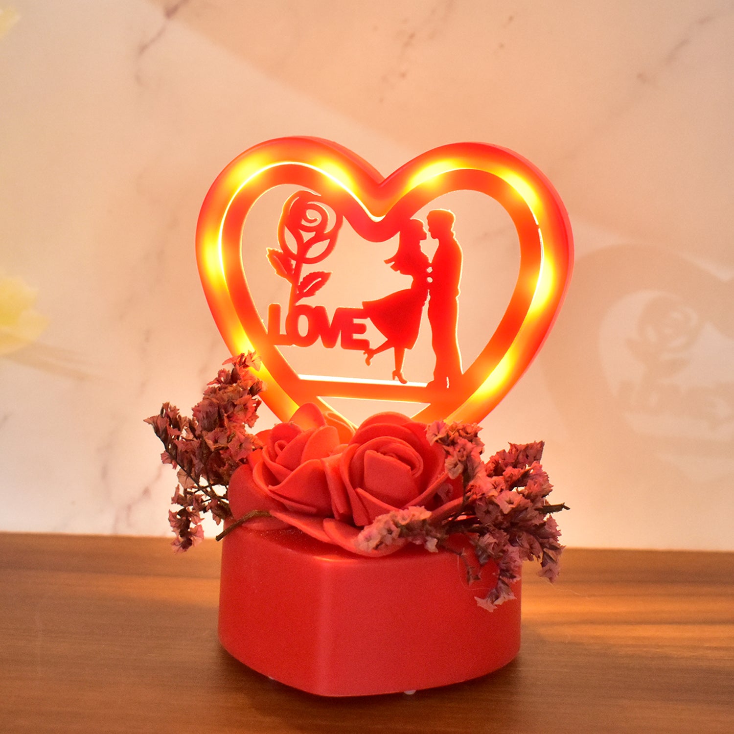 Romantic heart-shaped love couple decorative showpiece with rose base, perfect for home decor, by Wukusy.