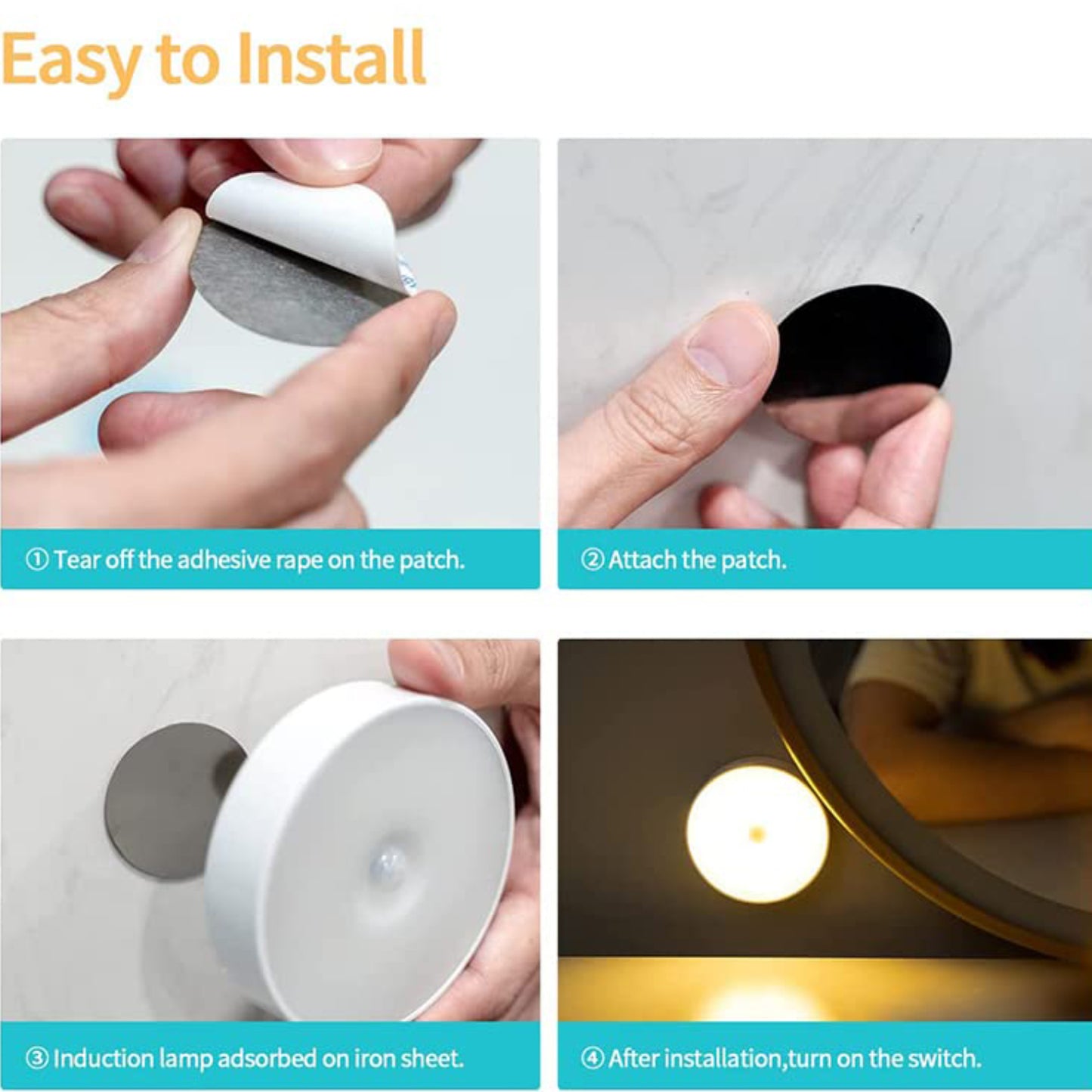 Round Wukusy 8-LED motion sensor induction light for home decor, showcasing the sleek round shape and LED bulbs.