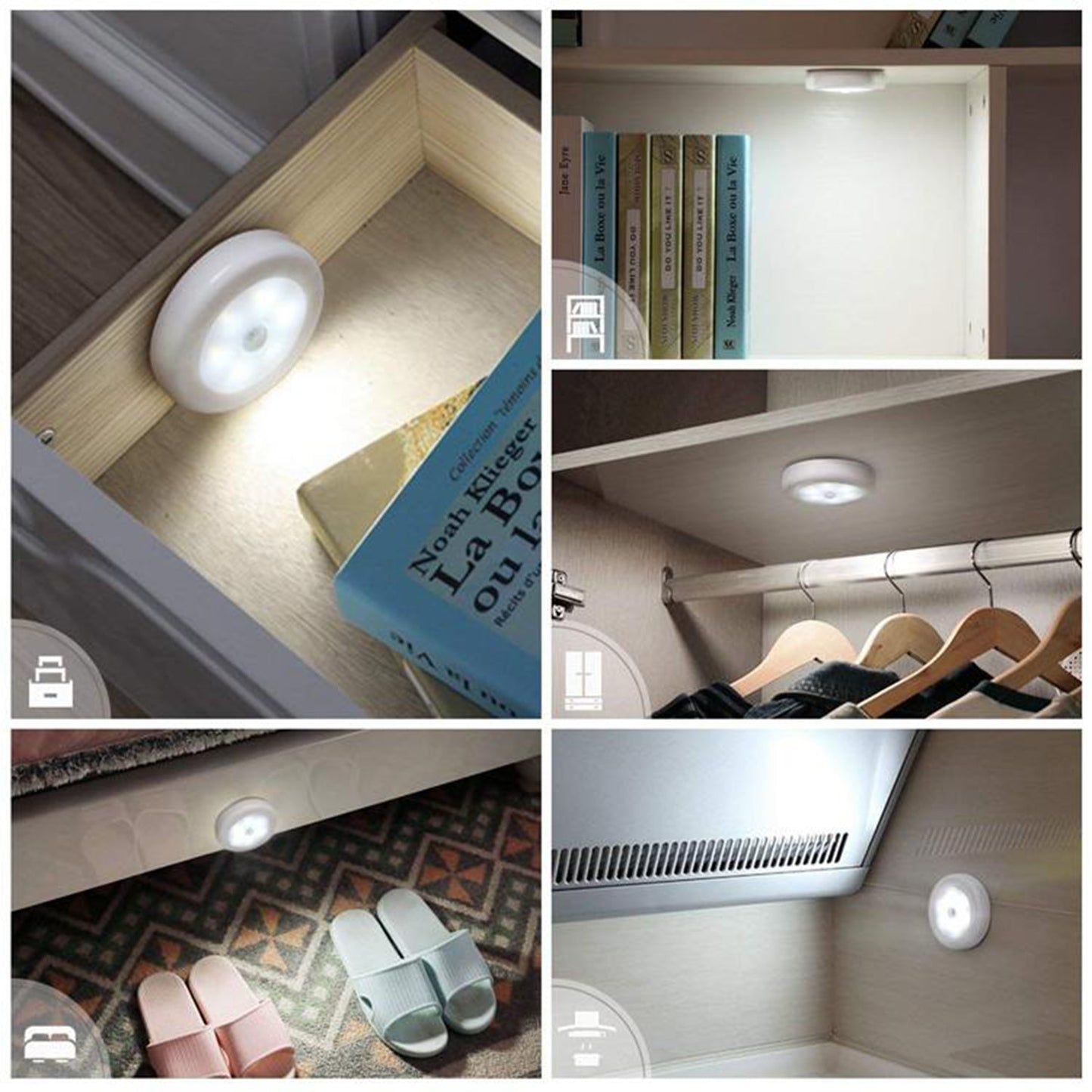 Round Wukusy 8-LED motion sensor induction LED light for home decor, showcasing the sleek circular design and LED bulbs.
