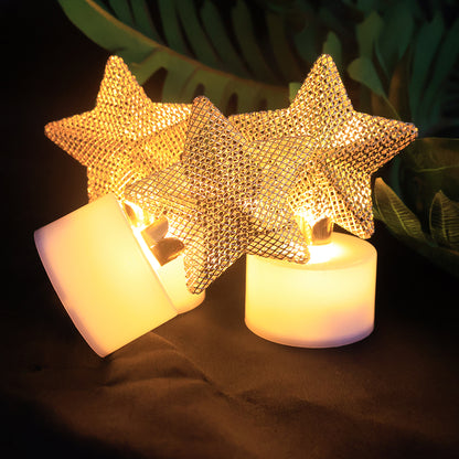 Set of 12 decorative LED star candles by Wukusy, ideal for home decor with glowing star-shaped designs.