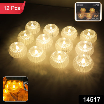 Set of 12 Wukusy LED crystal-effect flameless smokeless decorative candles for home decor, showcasing warm, flickering candlelight.