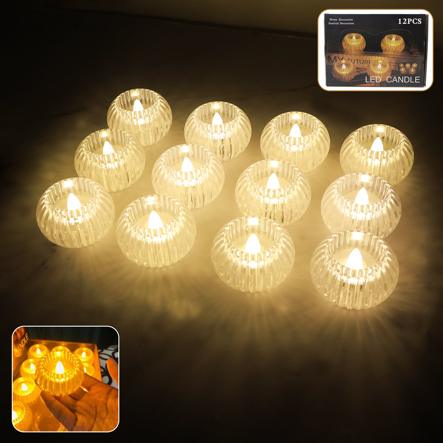 Set of 12 Wukusy LED crystal-effect flameless smokeless decorative candles for home decor, showcasing warm glow and elegant design.