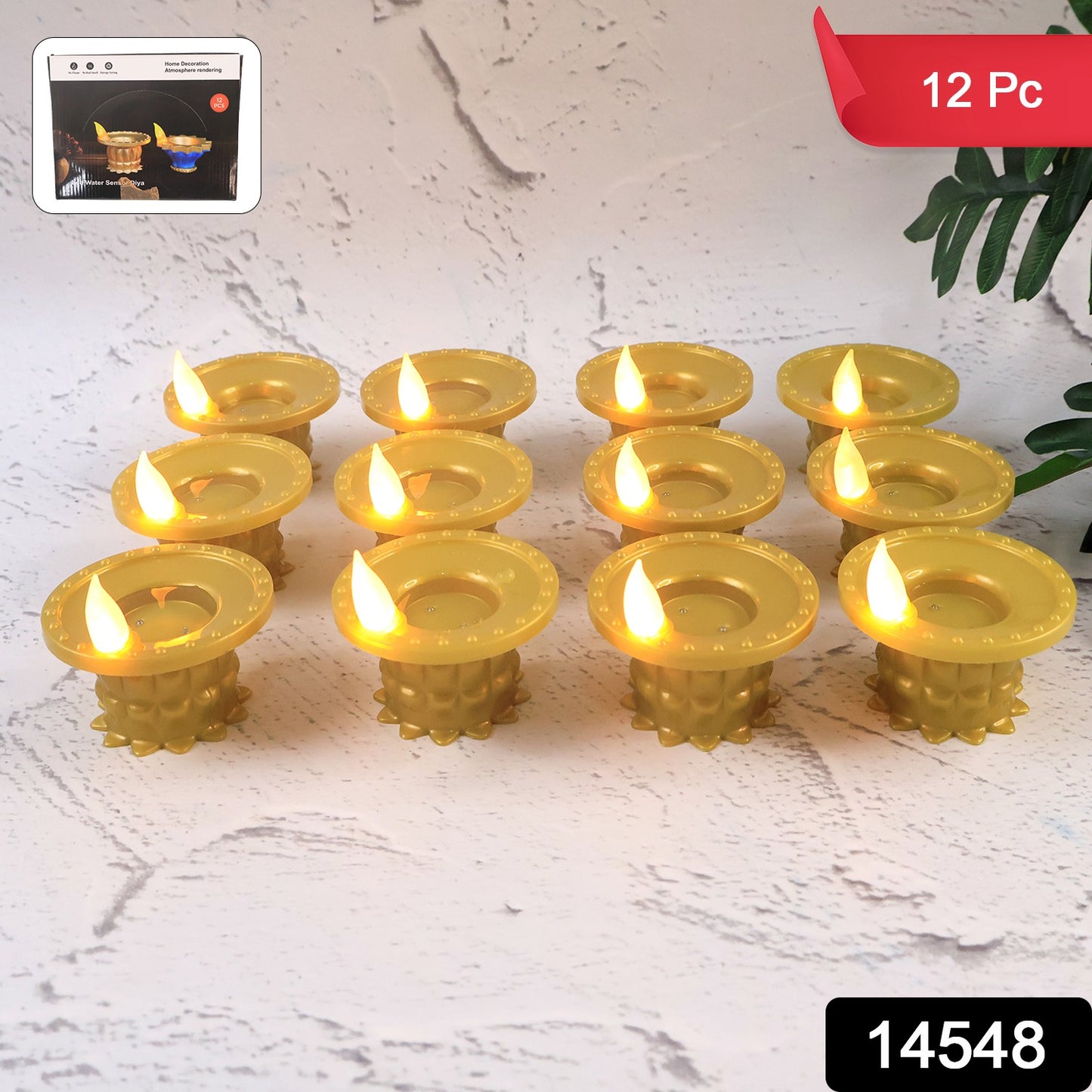 Set of 12 Wukusy water sensor LED golden diyas for home decor, featuring glowing water-sensitive lights in a decorative display.