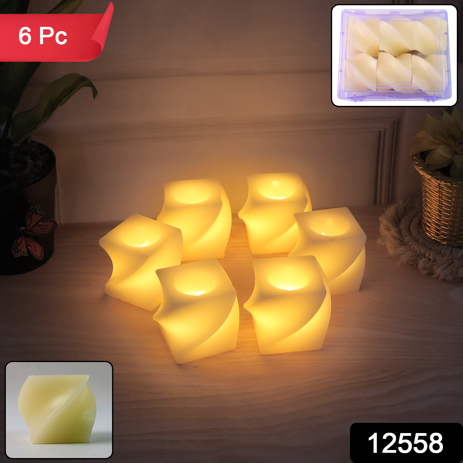 Set of 6 Wukusy LED flameless decorative candles in square tealight lamps, ideal for home decor and ambient lighting.