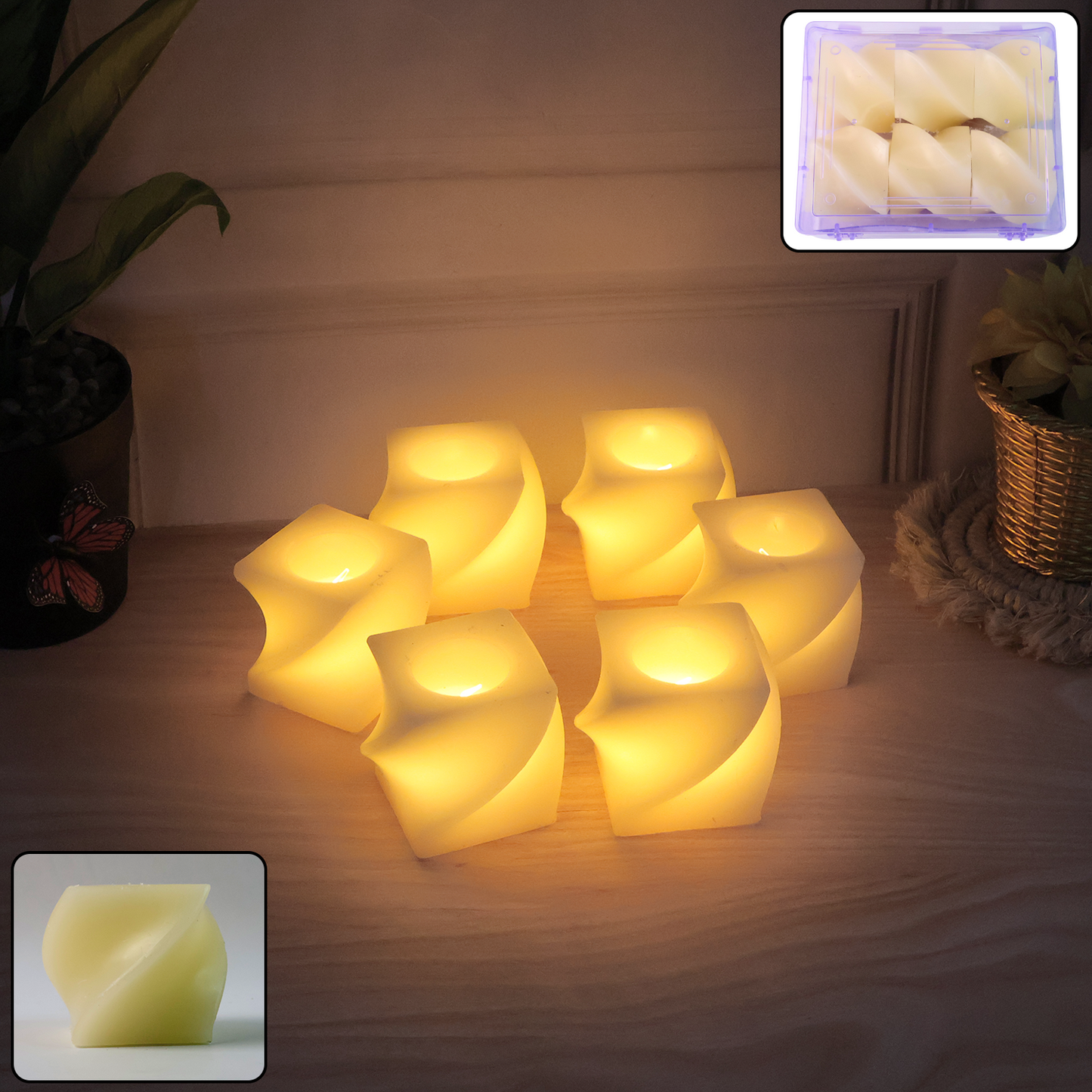 Set of 6 Wukusy LED flameless decorative candles in square tealight lamps, perfect for home decor and ambient lighting.