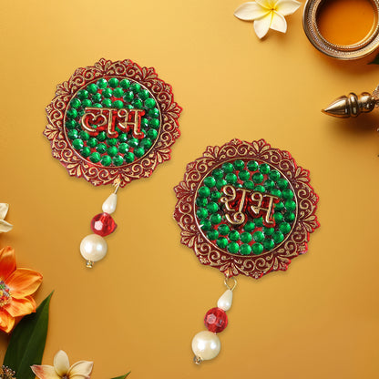 Wukusy Shubh Labh beaded decorative door hanging set, traditional Indian home decor with intricate beadwork for entrance decoration.