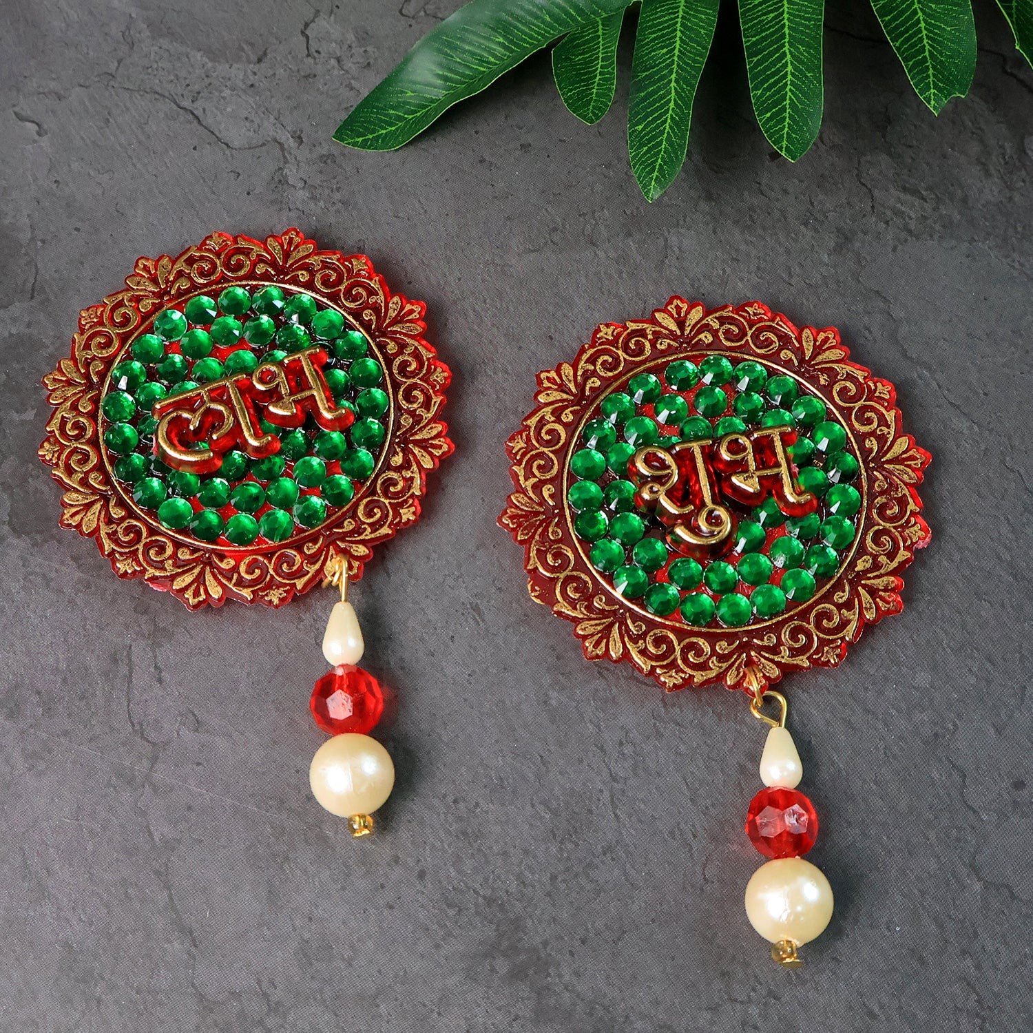 Set of two Wukusy Shubh Labh beaded decorative door hangings for home decor, featuring traditional design and vibrant beads.