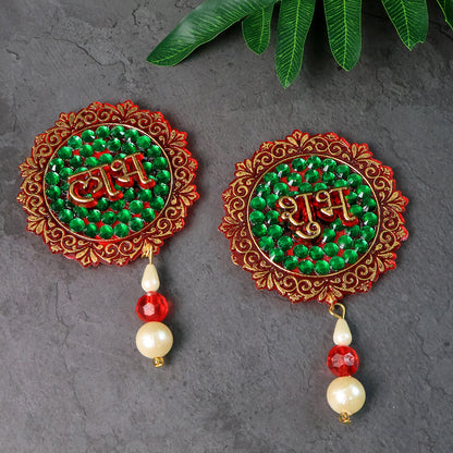 Set of two Wukusy Shubh Labh beaded decorative door hangings for home decor, featuring traditional design and vibrant beads.