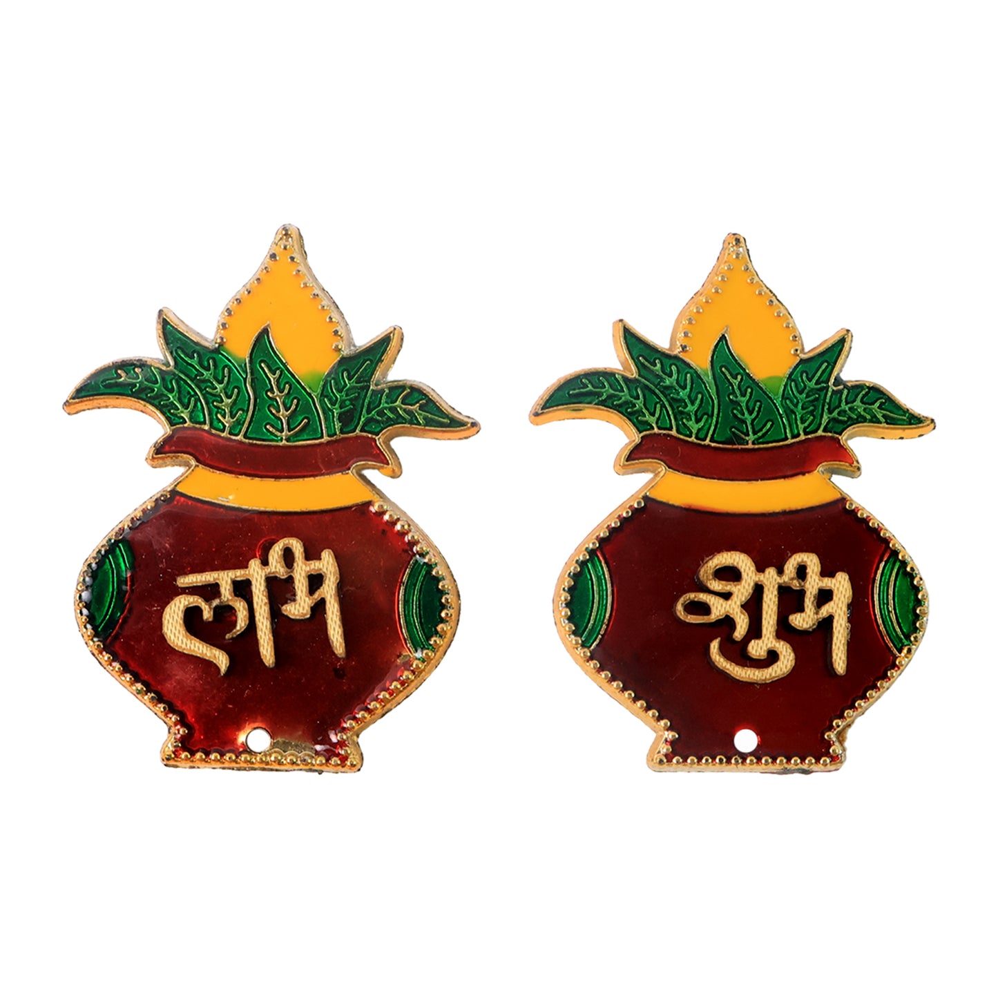 Two Wukusy Shubh Labh Kalash-shaped wall hangings for home decor, featuring traditional design and vibrant colors.