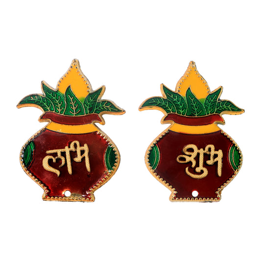 Two Wukusy Shubh Labh Kalash-shaped wall hangings for home decor, featuring traditional design and vibrant colors.