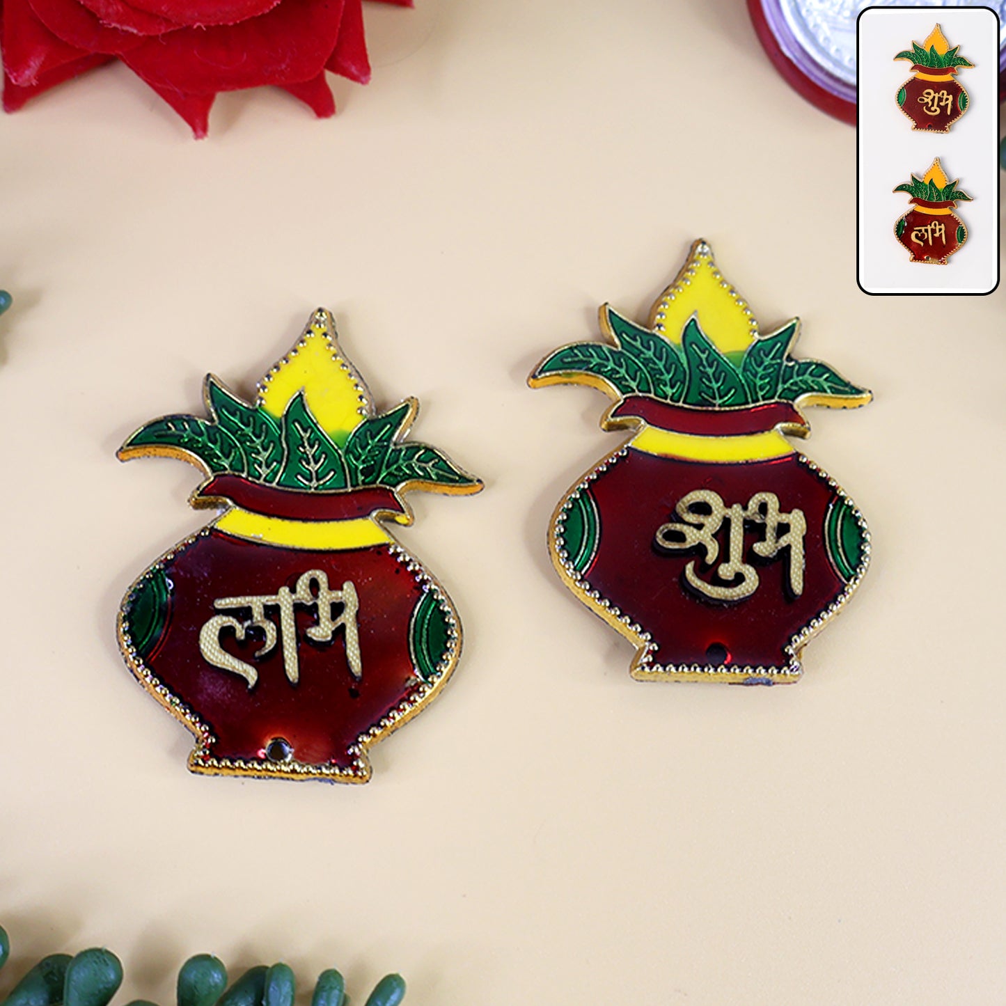 Set of two Wukusy Shubh Labh Kalash-shaped wall hangings for home decor, featuring traditional designs on a white background.