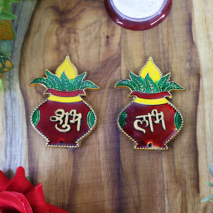 Two Wukusy Shubh Labh Kalash-shaped wall hangings for home decor, featuring traditional design and vibrant colors.