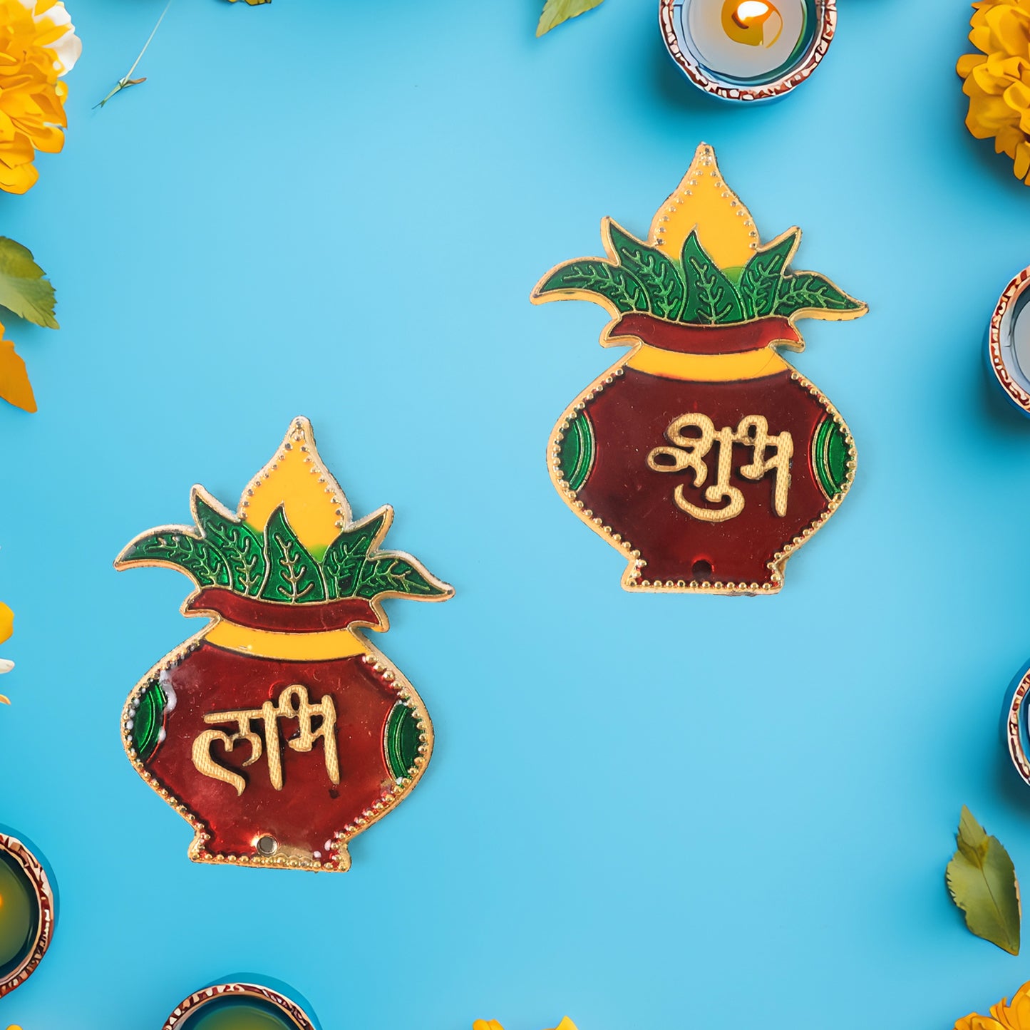 Two Wukusy Shubh Labh Kalash-shaped wall hangings for home decor, featuring traditional design and vibrant colors.