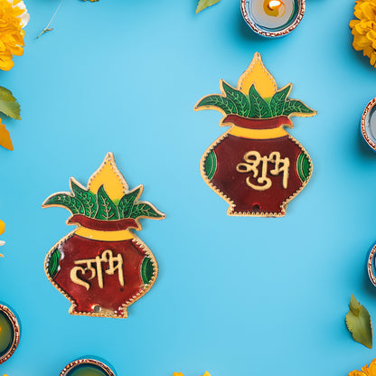Two Wukusy Shubh Labh Kalash-shaped wall hangings for home decor, featuring traditional design and vibrant colors.