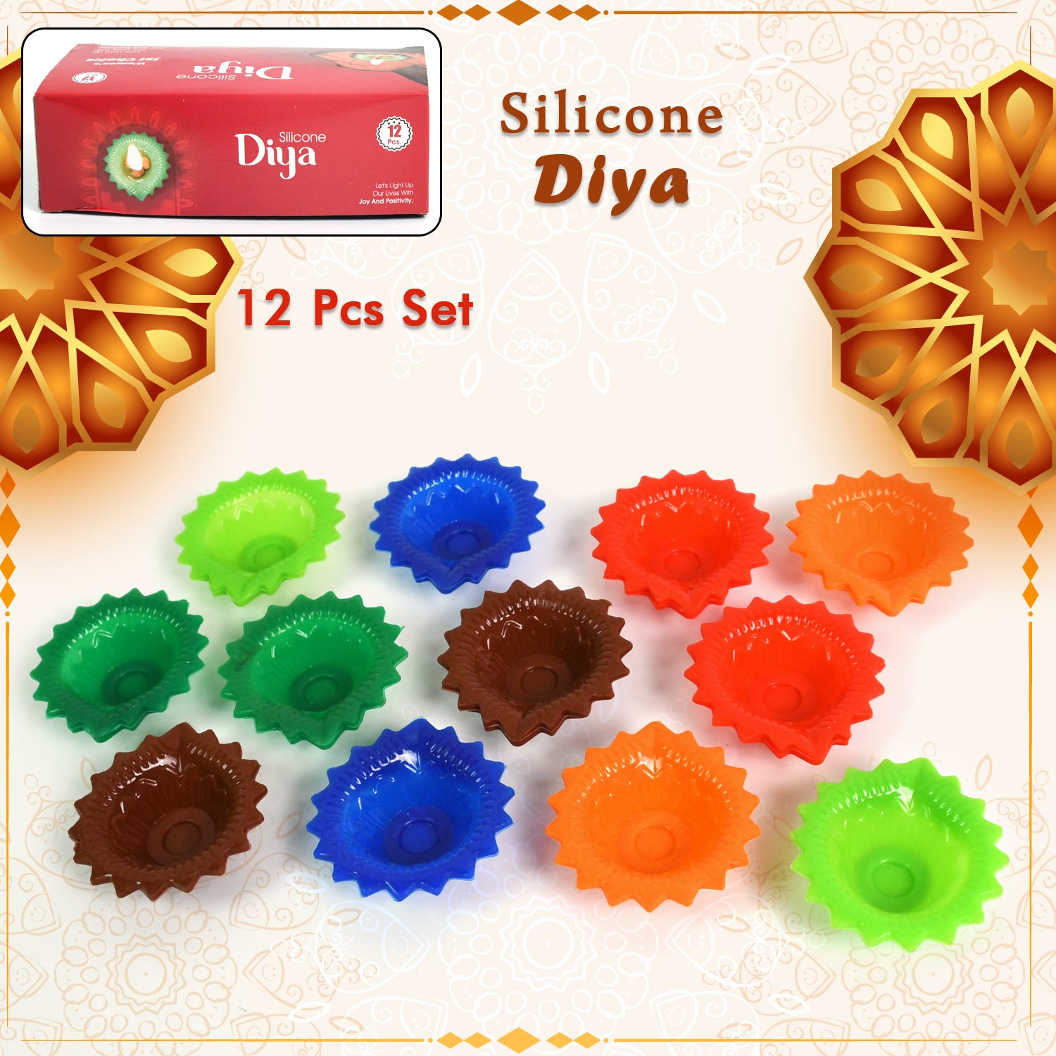 Colorful silicone Diya set for Diwali, decorative home decor with attractive designs, 12-piece combo for festive lighting.