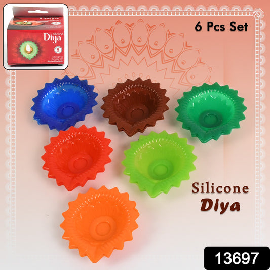 Colorful silicone Diya set for Diwali, featuring attractive designs, perfect for home decor, by Wukusy, 6-piece combo.