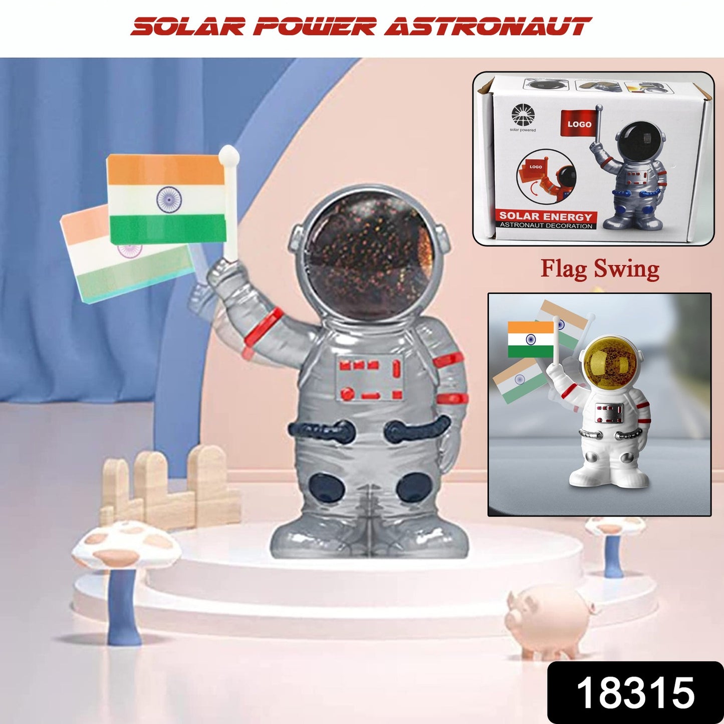 Wukusy solar-powered astronaut ornament with moving hand holding Indian flag, ideal for home decor.