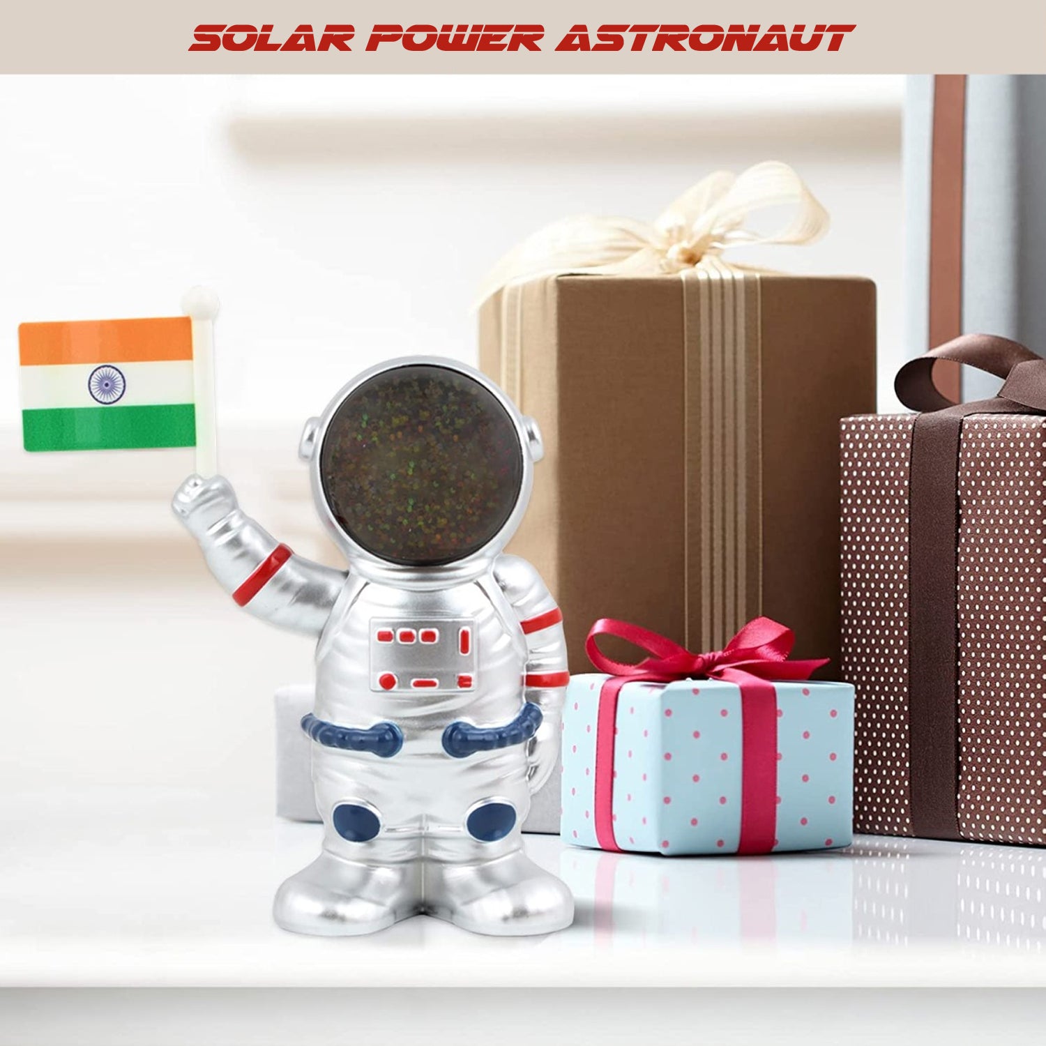 Wukusy solar-powered astronaut ornament with moving hand holding Indian flag, ideal for space-themed home decor.
