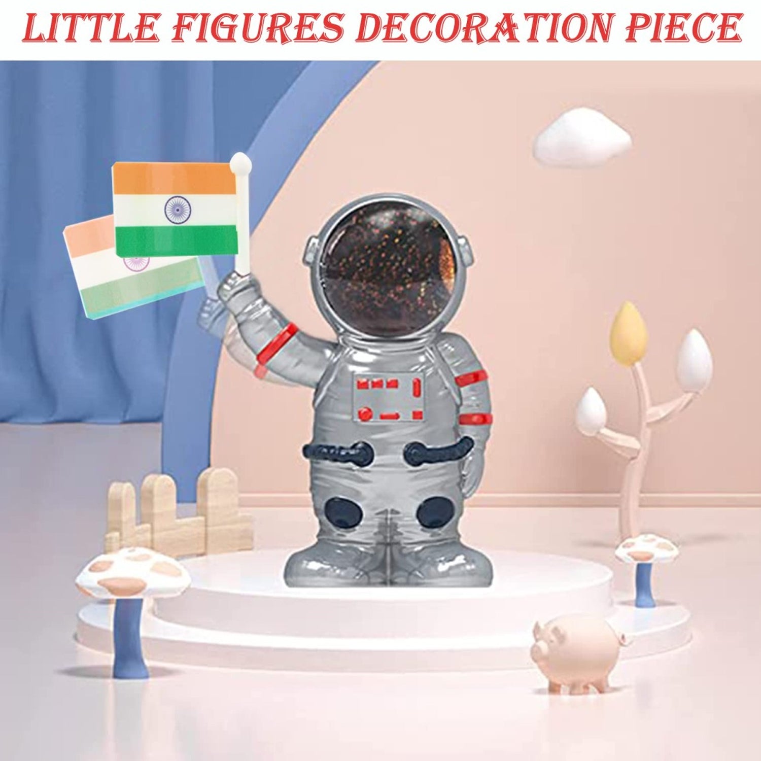 Solar-powered astronaut ornament by Wukusy with moving hand holding the Indian flag, ideal for home decor.