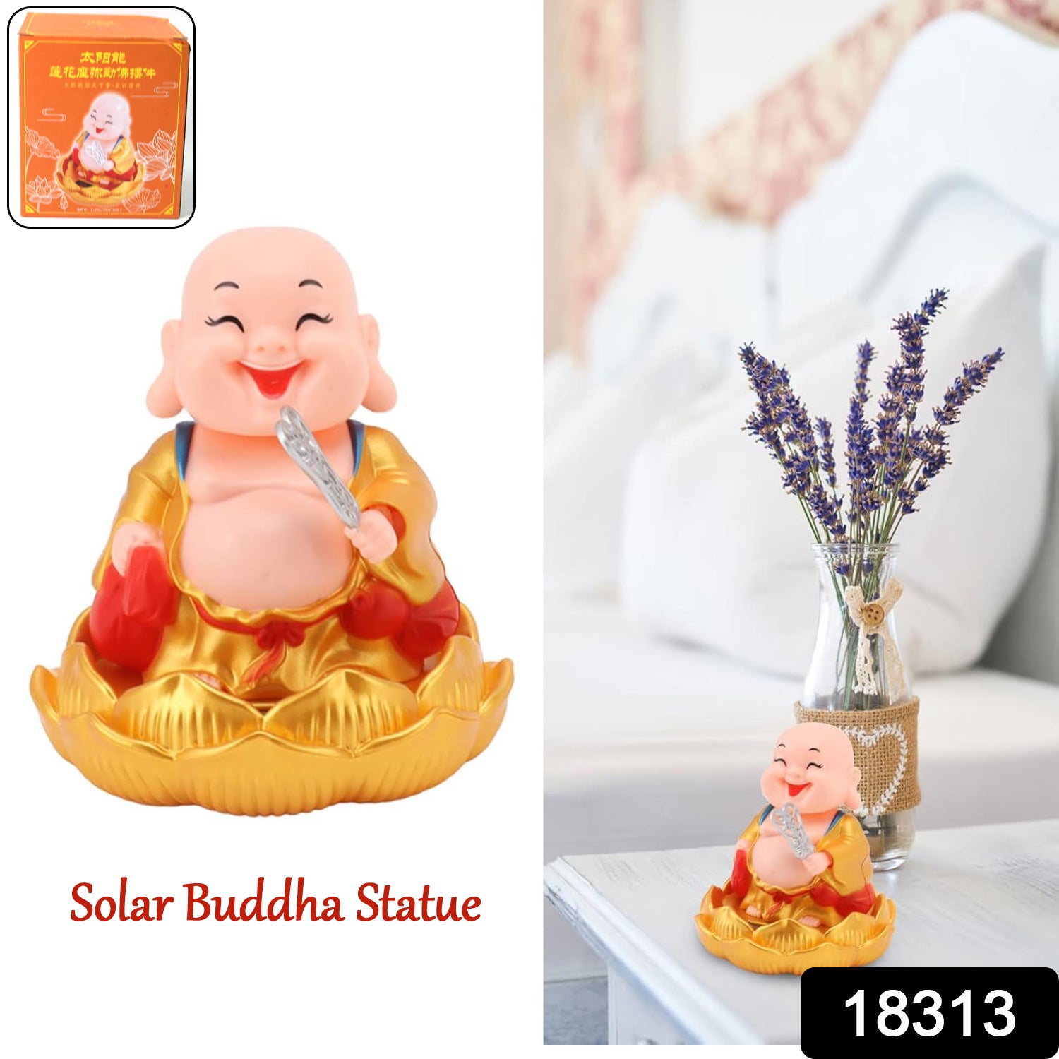 Wukusy solar-powered moving Buddha car ornament for home decor, featuring a serene Buddha figure with solar panel for movement.