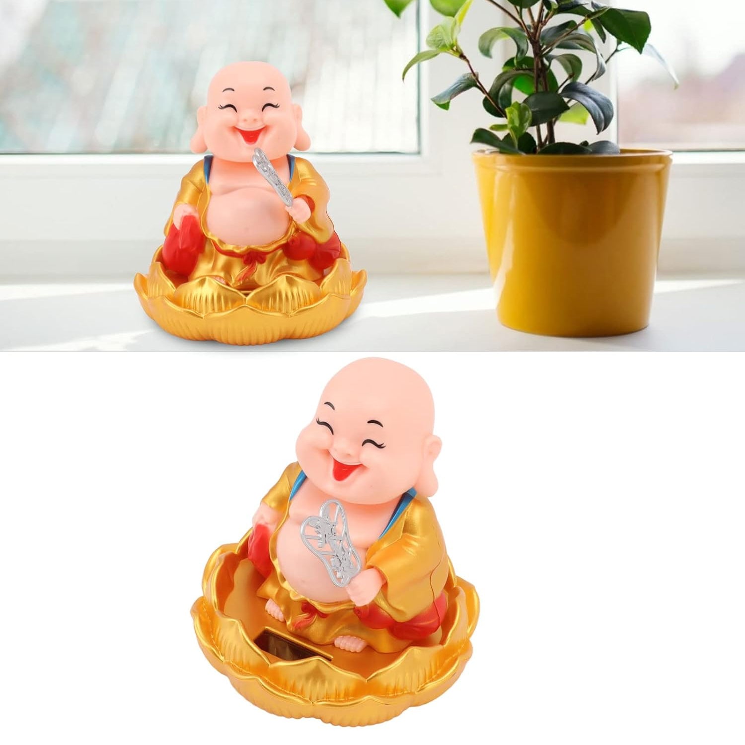 Wukusy solar-powered moving Buddha car ornament for home decor, featuring a serene Buddha figure with a spinning wheel.