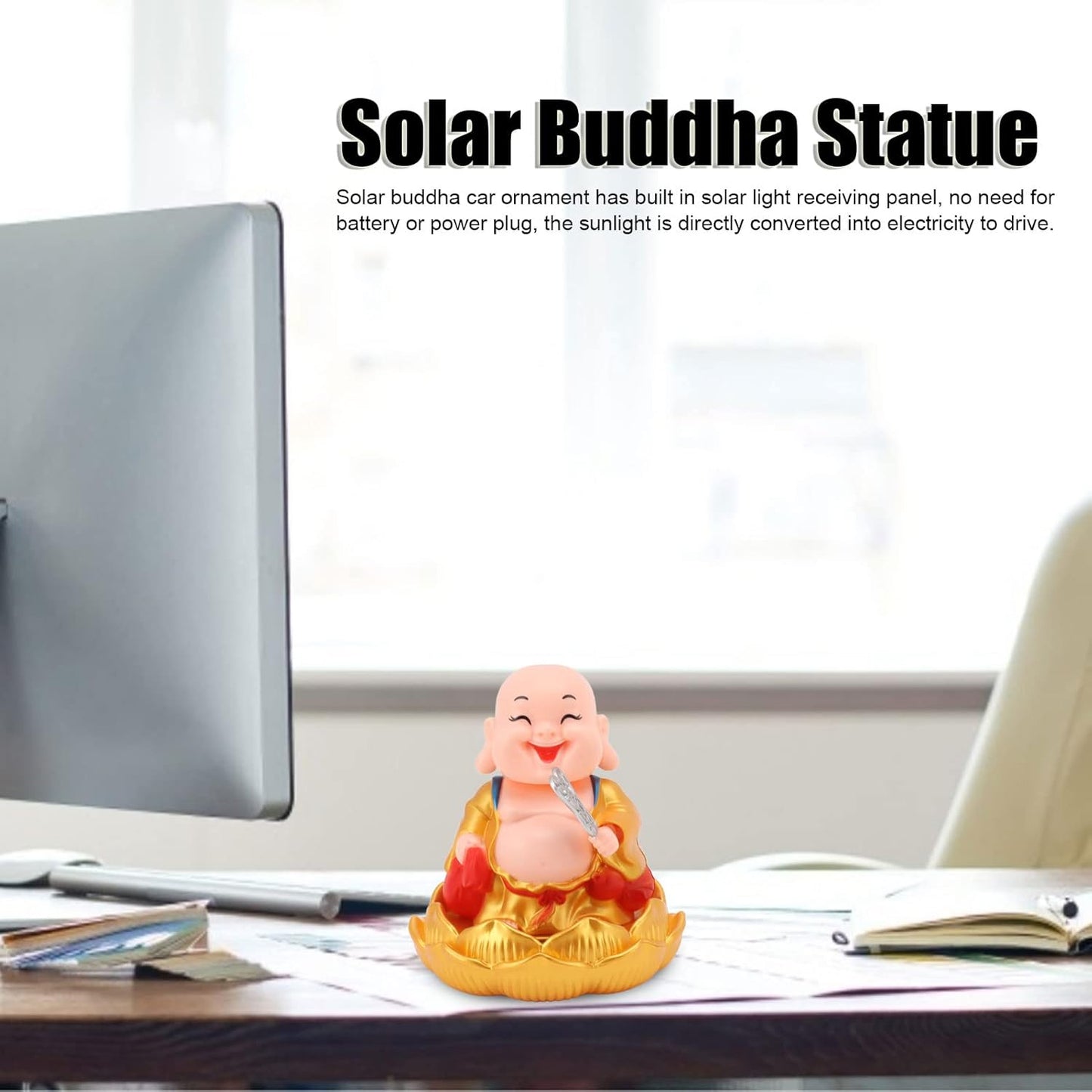 Wukusy solar-powered moving Buddha car ornament used as home decor, featuring a serene Buddha figure with a spinning solar panel.