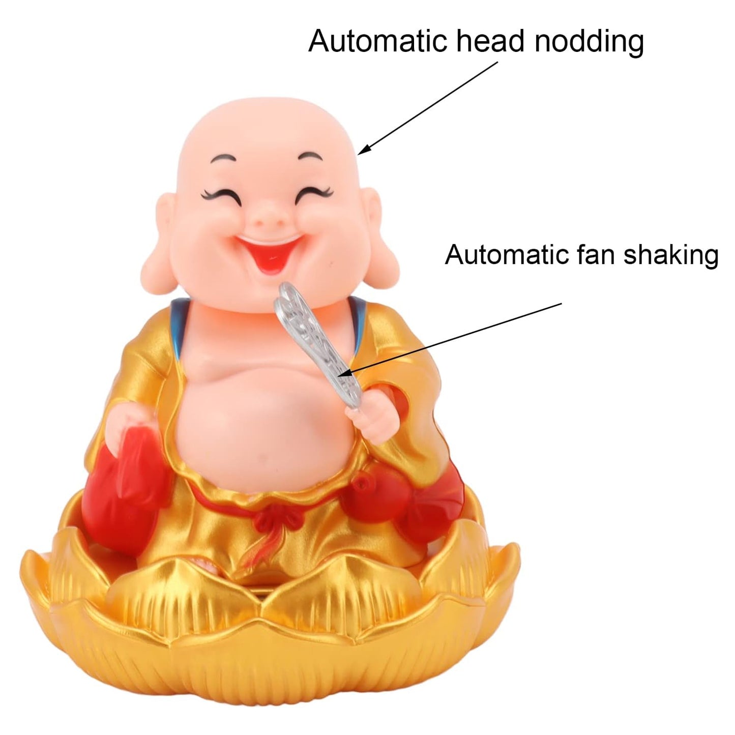 Solar power moving Buddha car ornament by Wukusy, featuring a miniature Buddha figure that moves with sunlight for home and vehicle decor.