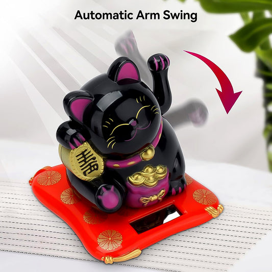 Colorful solar-powered Happy Cat decorative figurine with waving arms, designed by Wukusy for home decor.