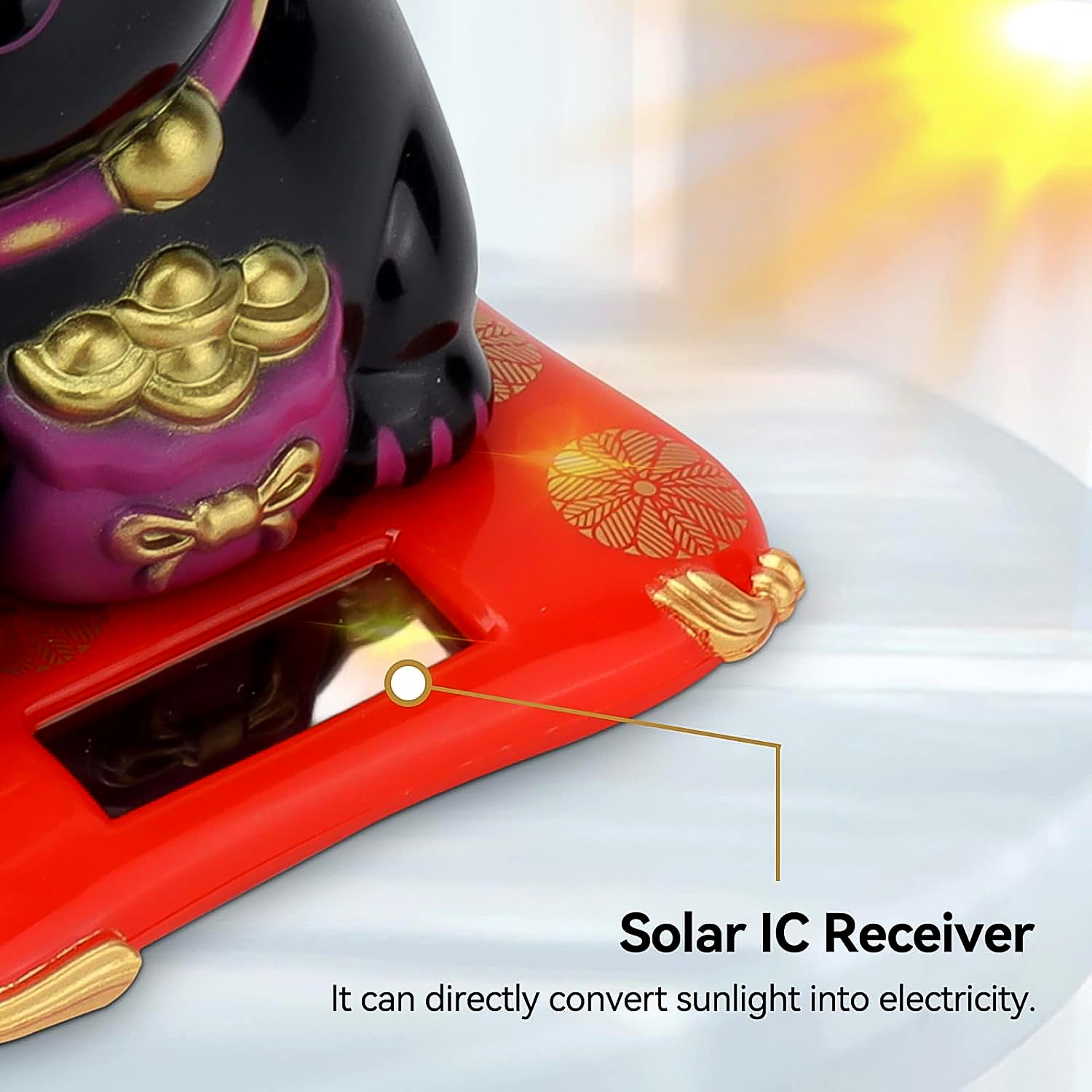 Solar-powered Happy Cat home decor by Wukusy, featuring a colorful cat figure with arm wave design and cheerful expression.