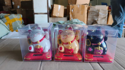 Colorful solar-powered Happy Cat home decor by Wukusy, featuring a cheerful cat with waving arms, in mixed vibrant colors.
