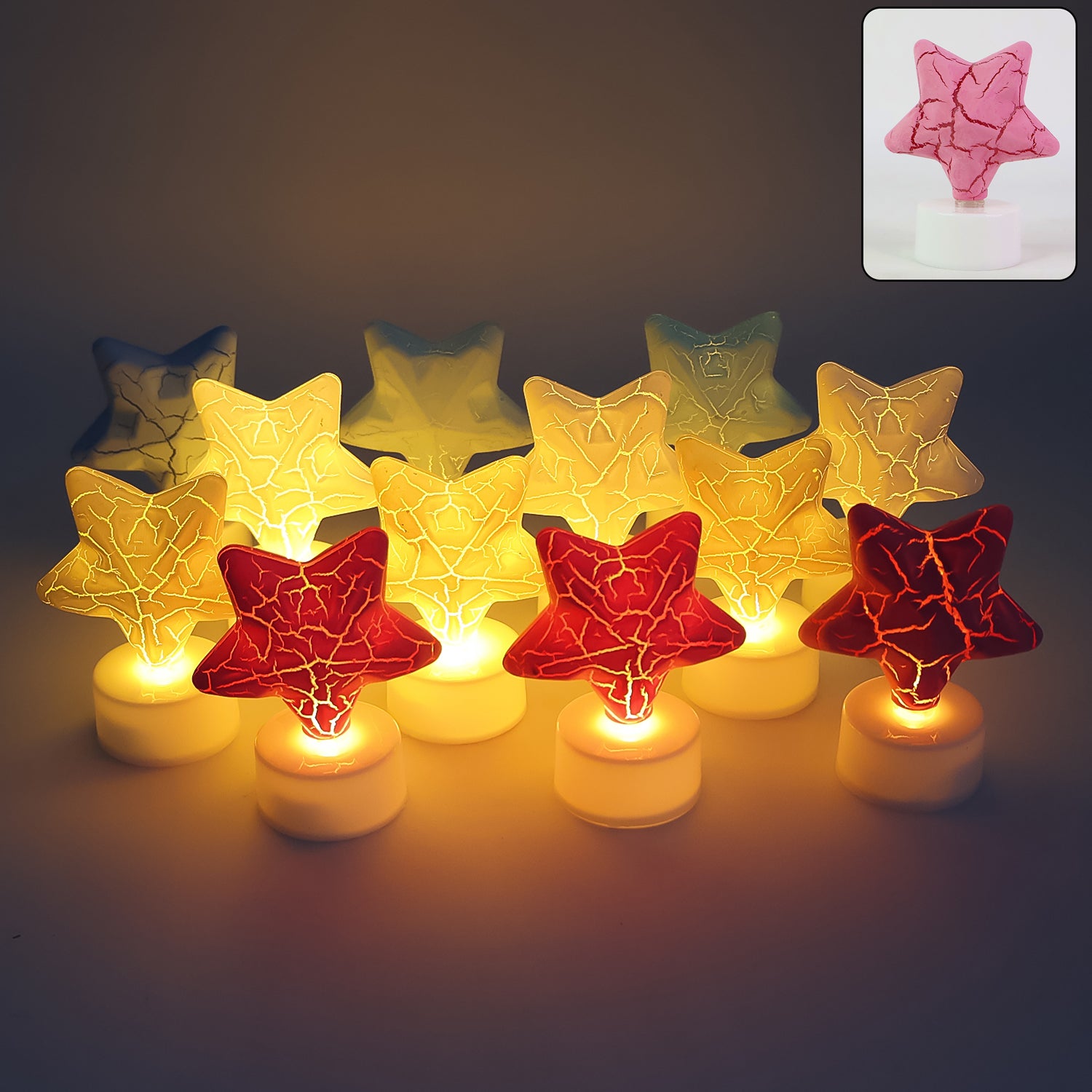 Set of 12 Wukusy star-shaped decorative LED tealight candles for home decor, with warm glowing lights and star design.