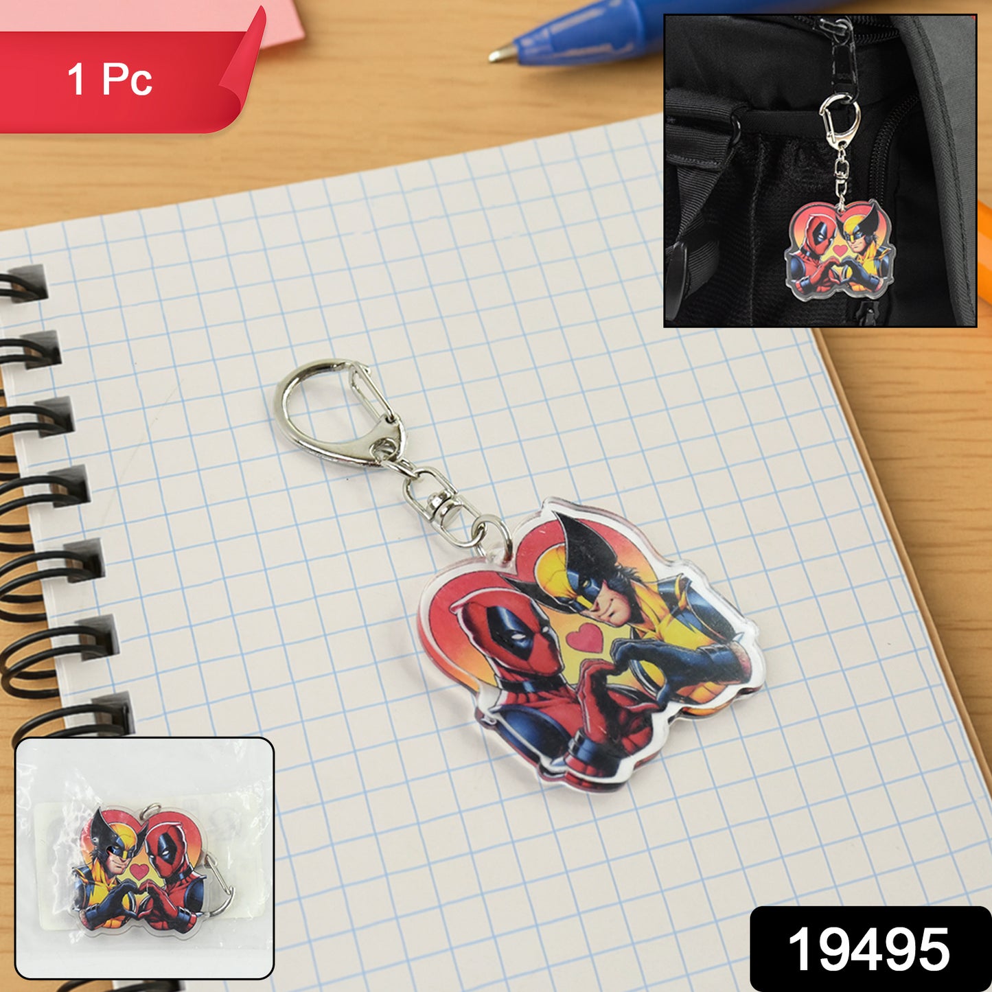 Acrylic cartoon character keychain with metal clip, colorful and stylish Wukusy home decor accessory on a plain background.