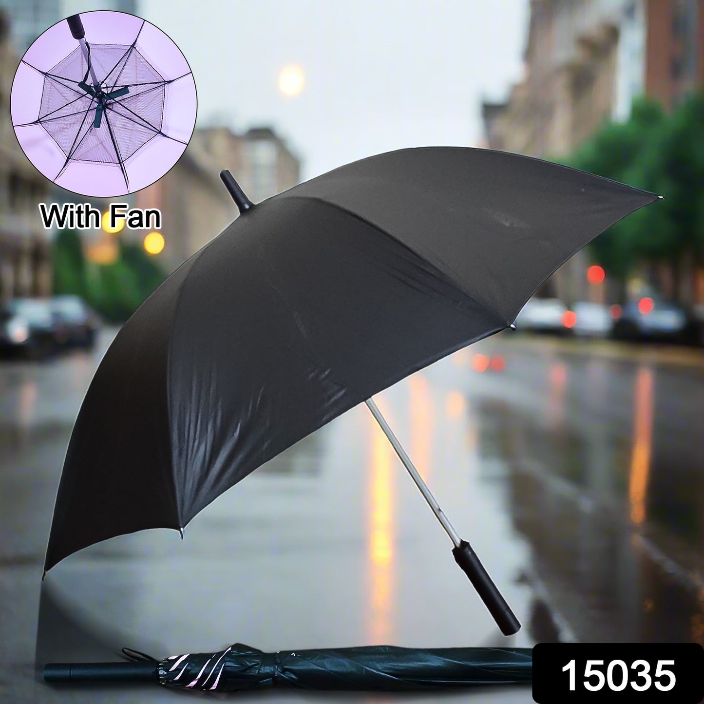Wukusy sun umbrella with built-in inside fan and power bank, ideal for summer outdoor comfort and home decor.